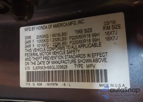 2016 Honda Cr-V Touring from USA, damaged, VIN 5J6RM3H95GL009828